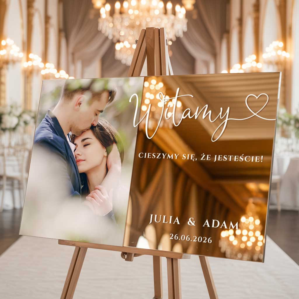 Lustrzana tablica powitalna ze zdjęciem