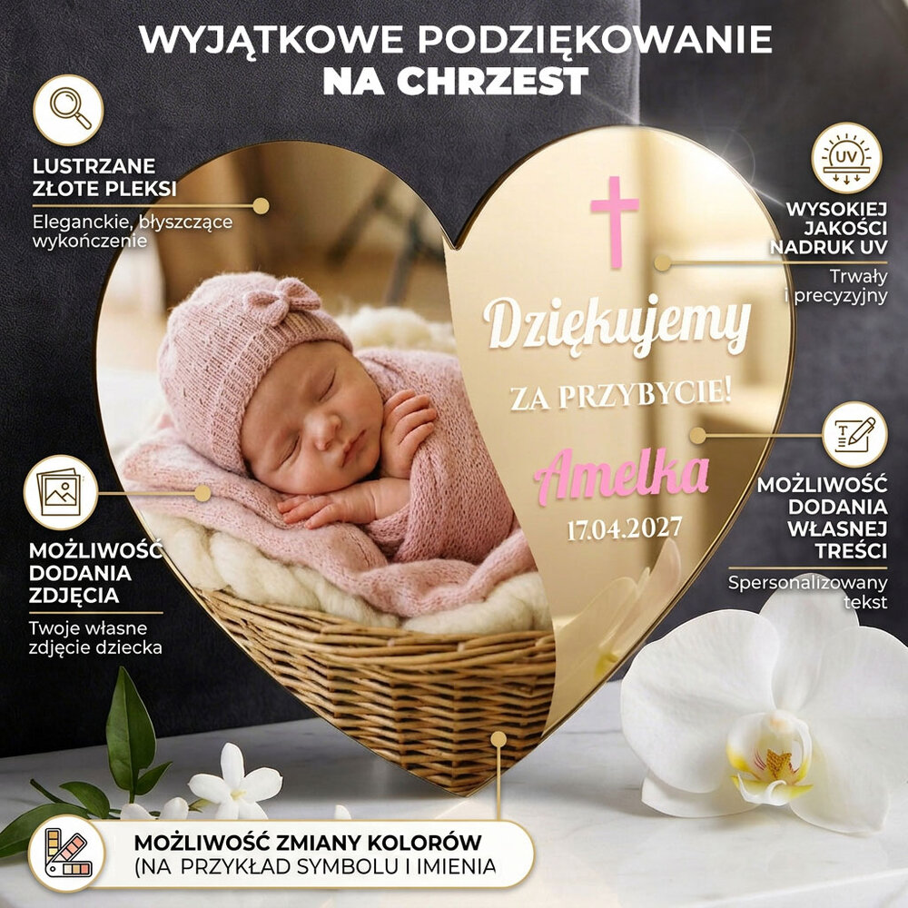 Podziękowania dla gości magnesy lustrzane na Chrzest ze zdjęciem