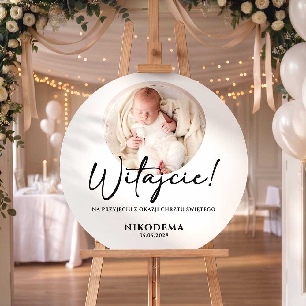Okrągła tablica powitalna na Chrzest Święty ze zdjęciem - 60 cm