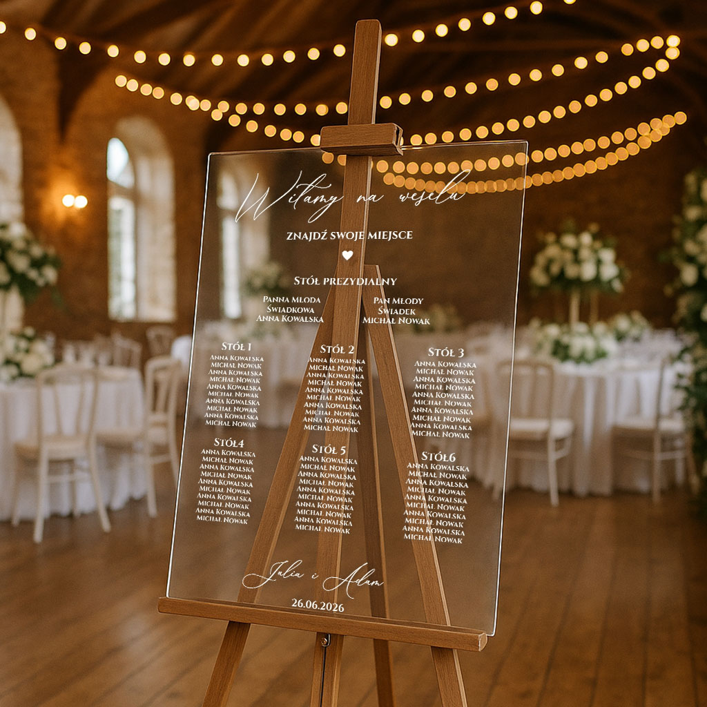Akrylowa tablica z usadzeniem gości napisy