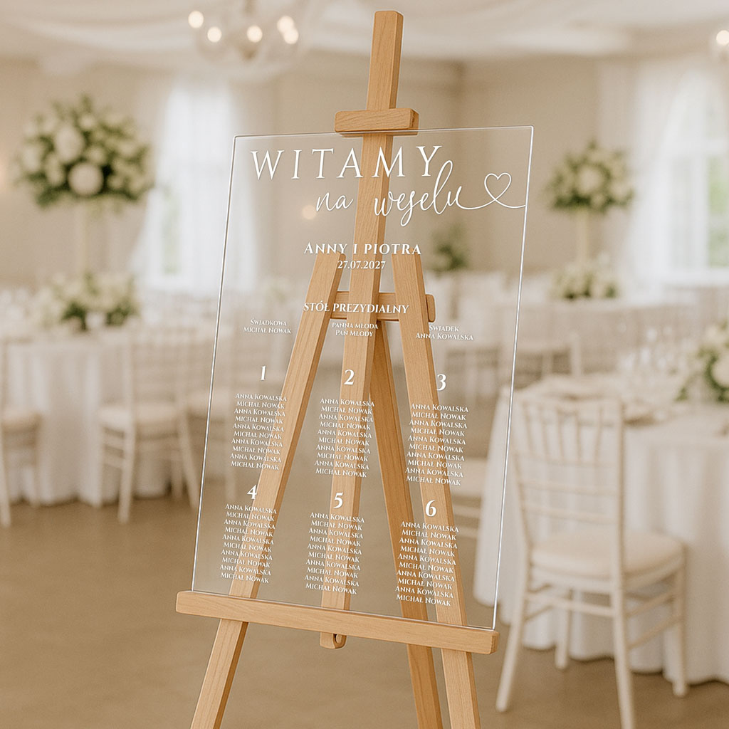 Akrylowa tablica z usadzeniem gości napisy
