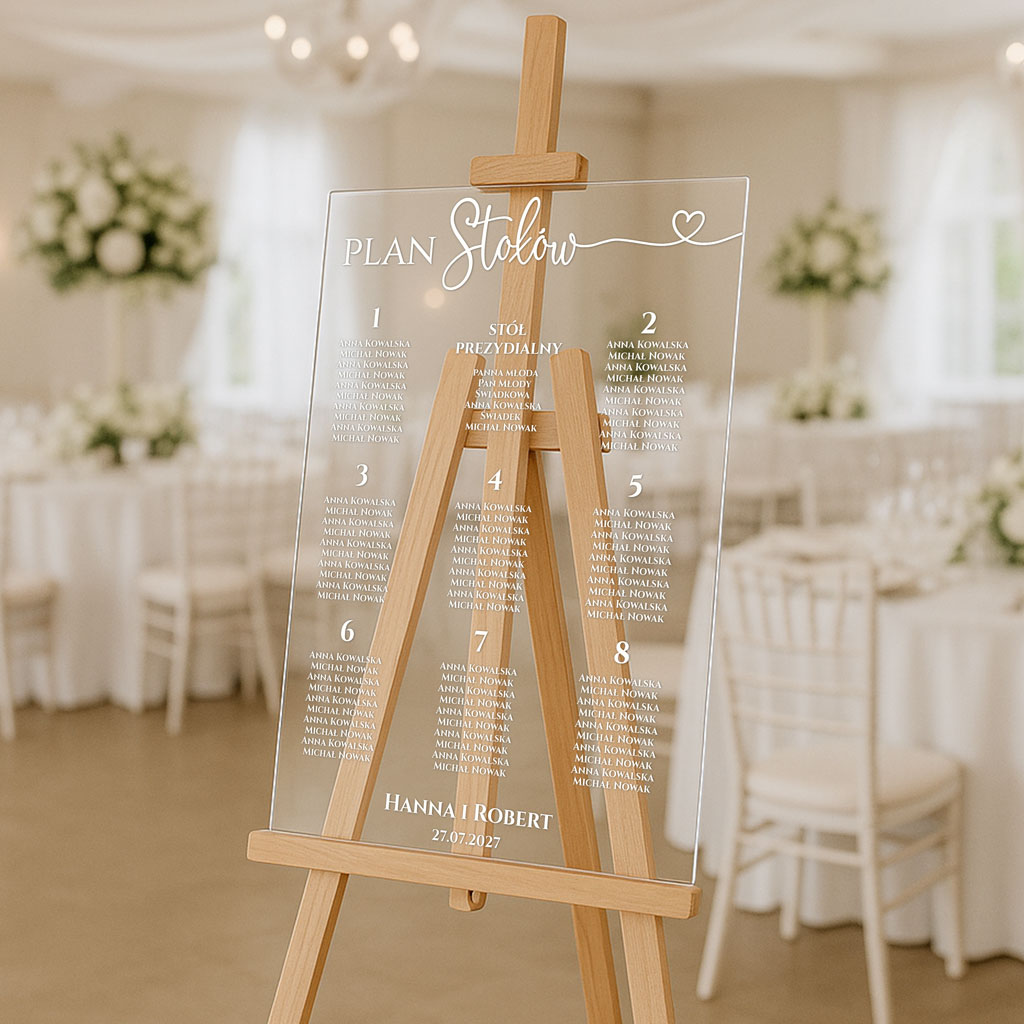 Akrylowa tablica z usadzeniem gości napisy