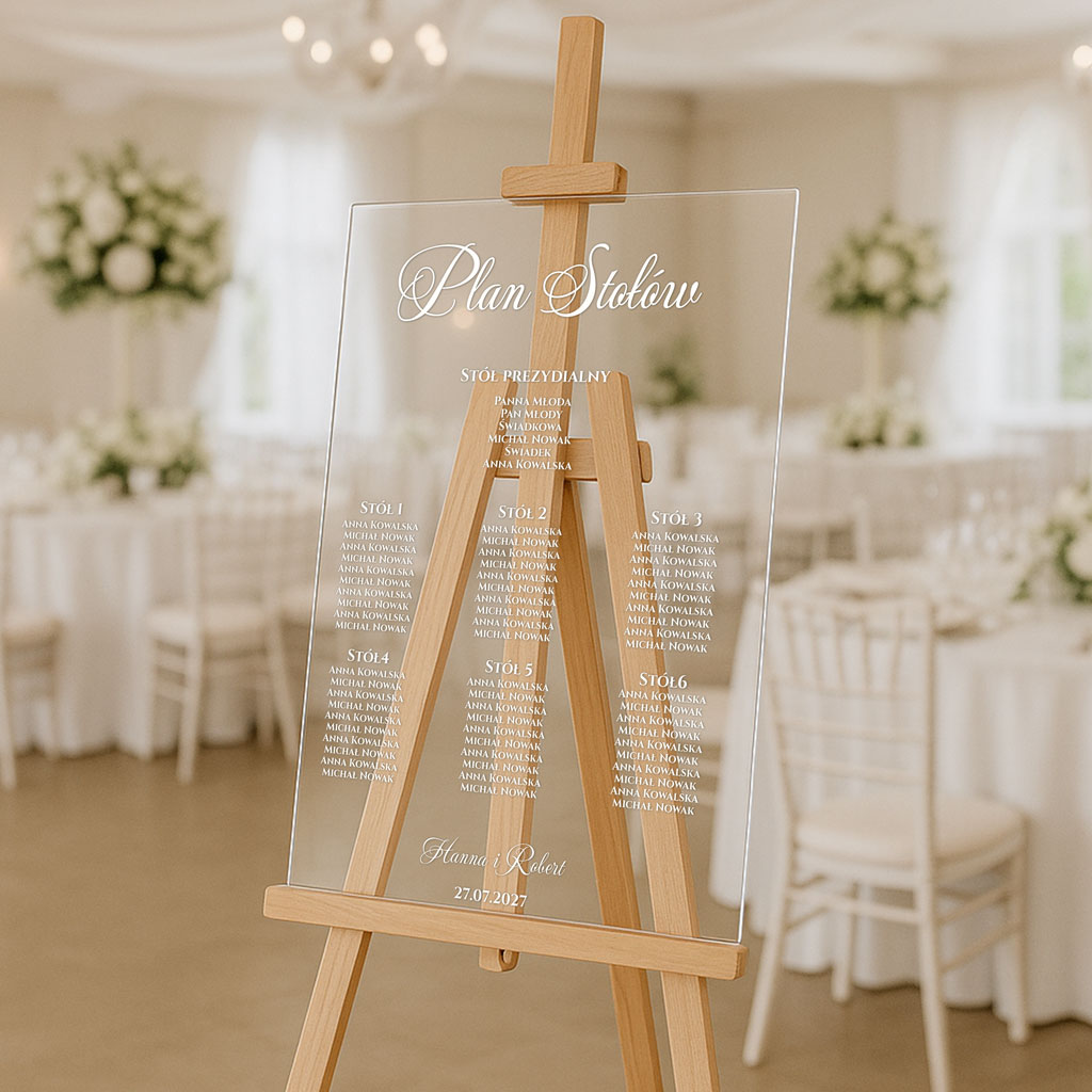 Akrylowa tablica z usadzeniem gości napisy