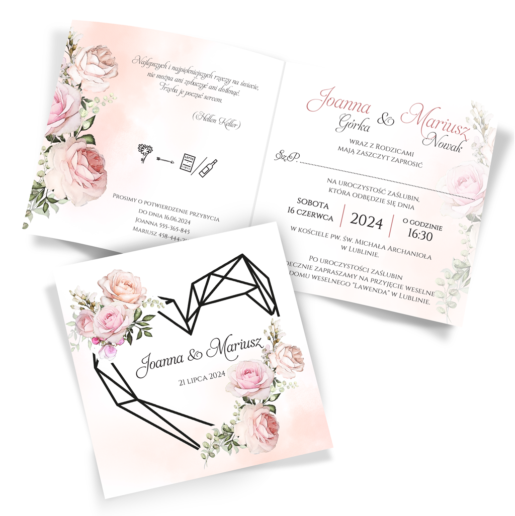 Złocone zaproszenia ślubne Peonia