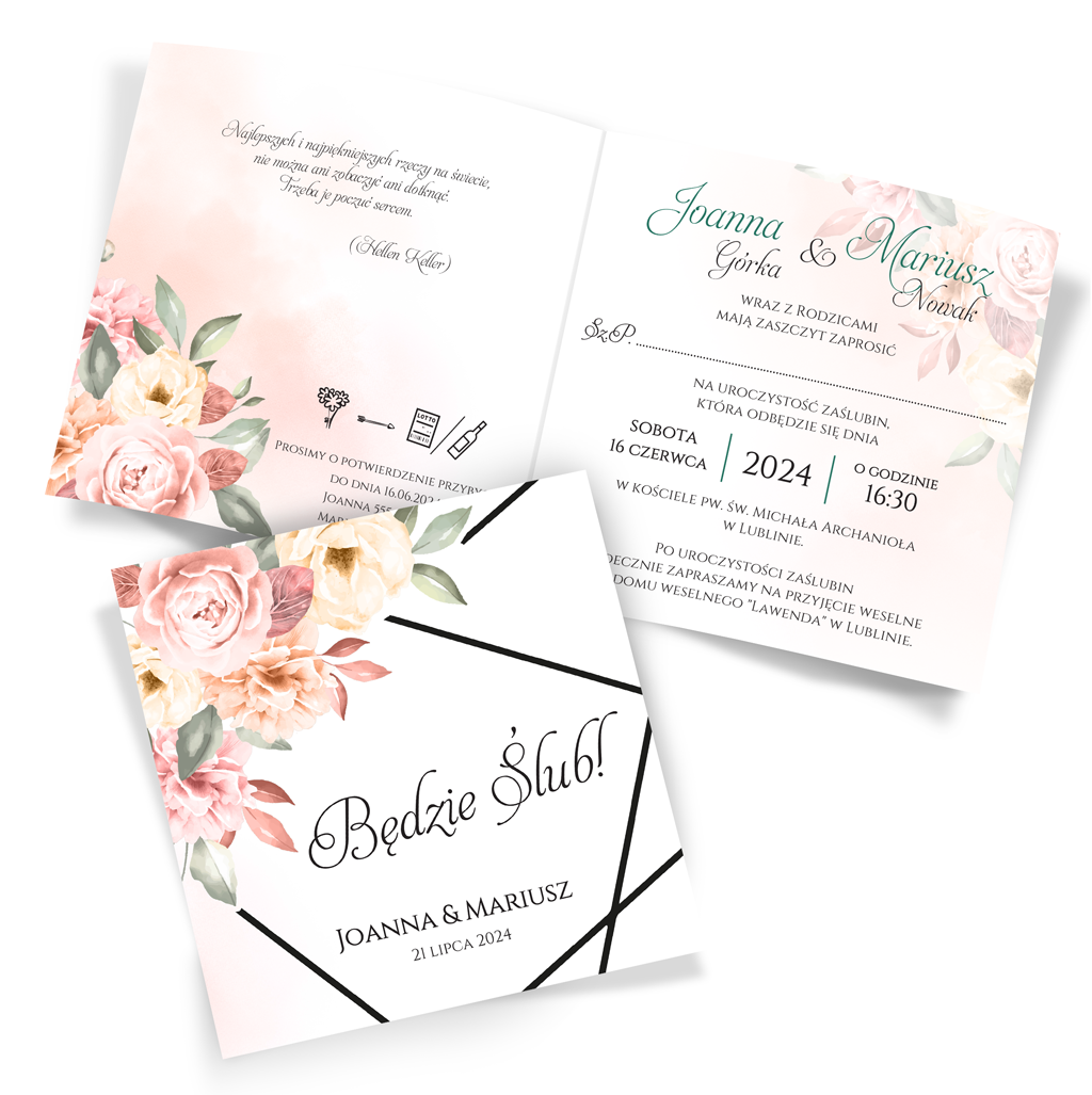 Złocone zaproszenia ślubne Peonia