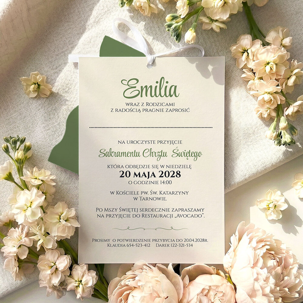 Zaproszenia na chrzest trzykartkowe ze wstążką - Tessa