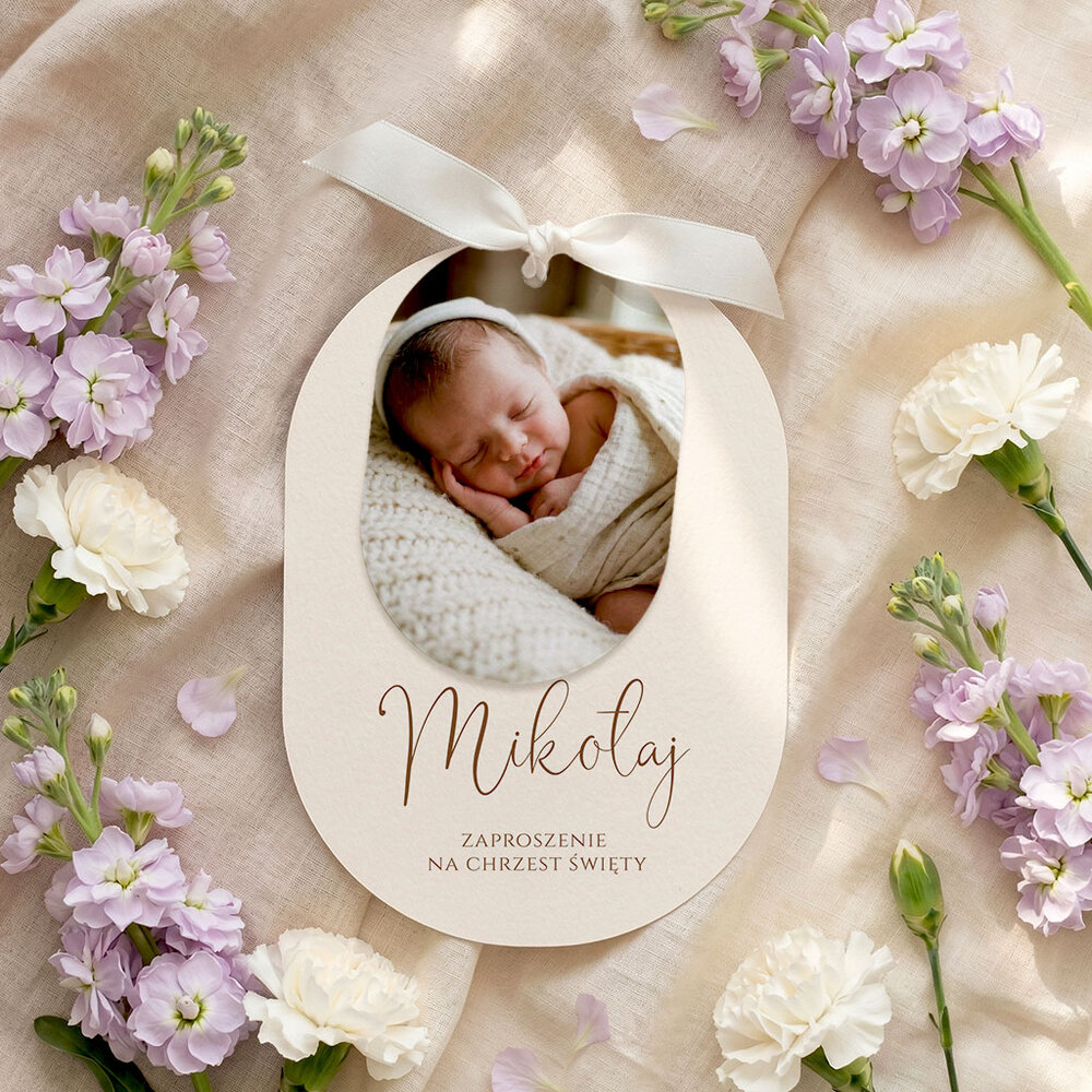 Zaproszenia na chrzest owalne ze wstążką - Agnes
