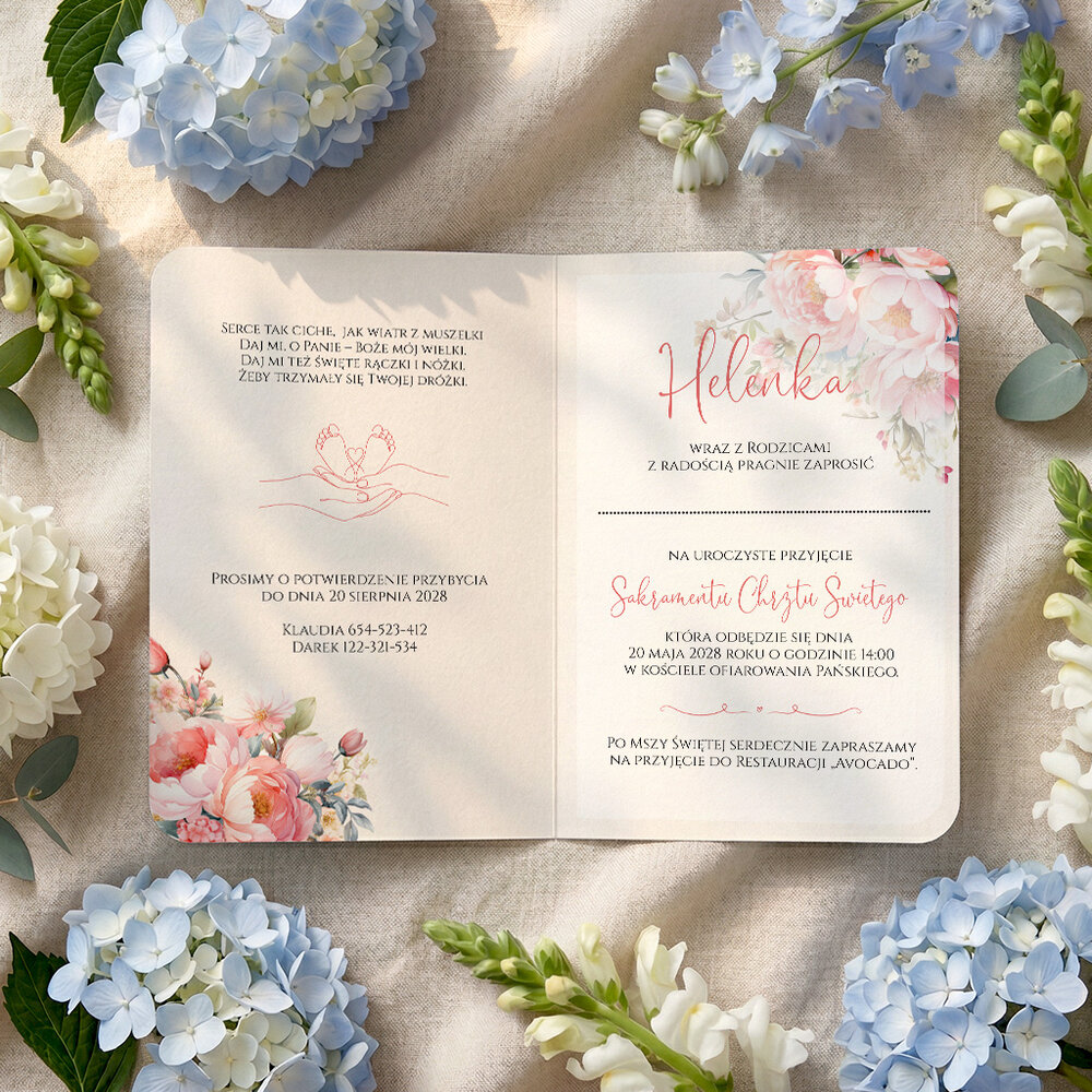 Zaproszenia na chrzest z zawieszką w kształcie serduszka - Bessie