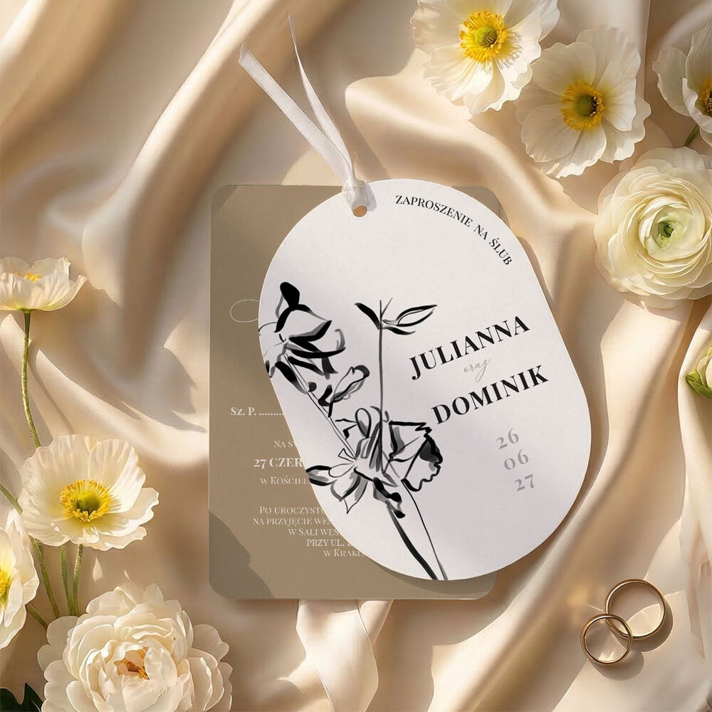 Zaproszenia ślubne owalne ze wstążką - Sonia