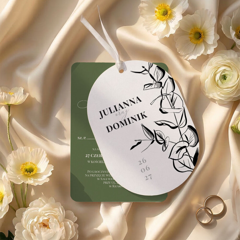 Zaproszenia ślubne owalne ze wstążką - Sonia
