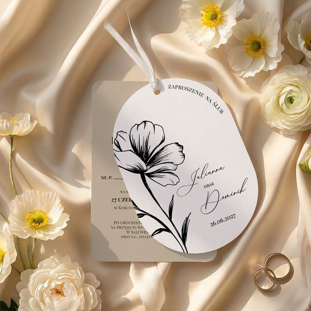 Zaproszenia ślubne owalne ze wstążką - Sonia