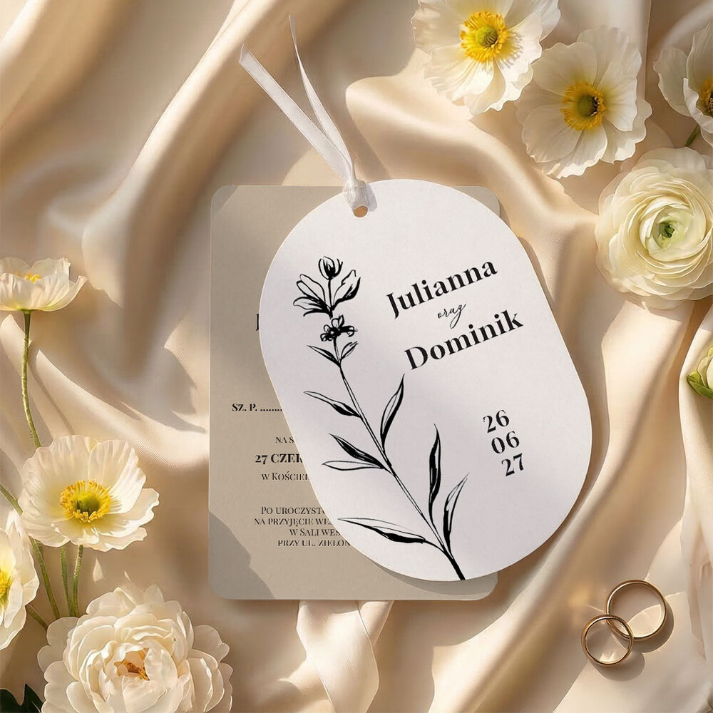 Zaproszenia ślubne owalne ze wstążką - Sonia