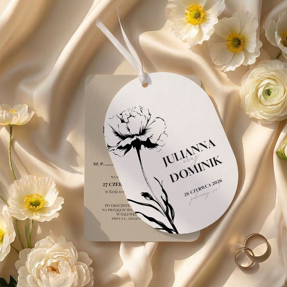 Zaproszenia ślubne owalne ze wstążką - Sonia