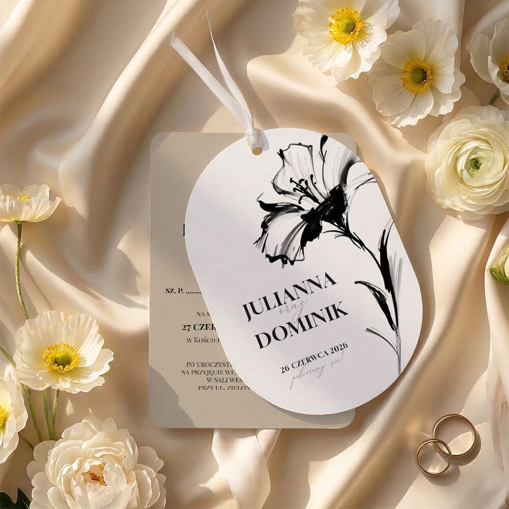 Zaproszenia ślubne owalne ze wstążką - Sonia