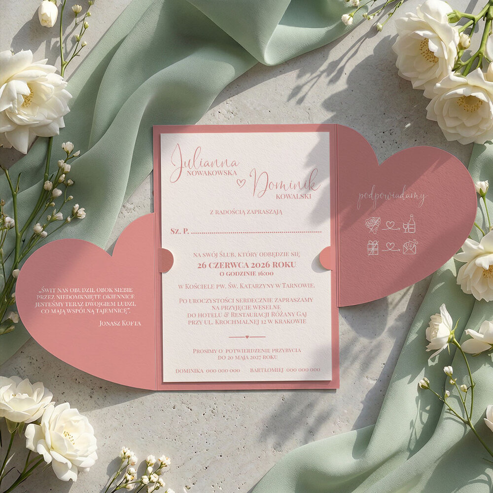 Zaproszenia ślubne serca z wkładką - Koleta