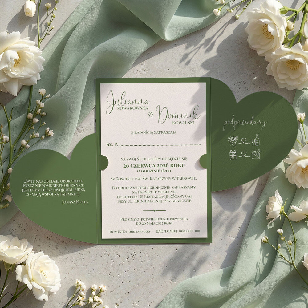 Zaproszenia ślubne serca z wkładką - Koleta