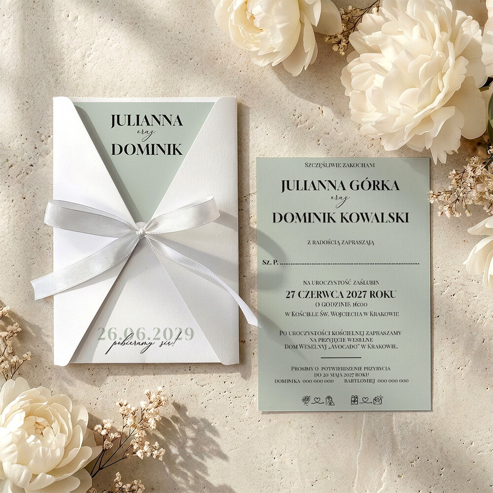Zaproszenia ślubne w ozdobnej kopercie ze wstążką - Anika