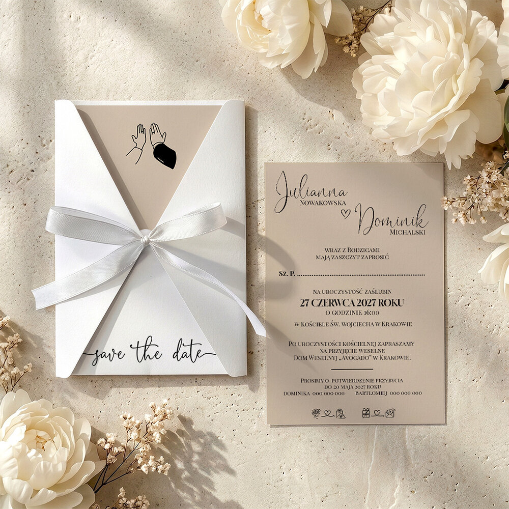 Zaproszenia ślubne w ozdobnej kopercie ze wstążką - Anika