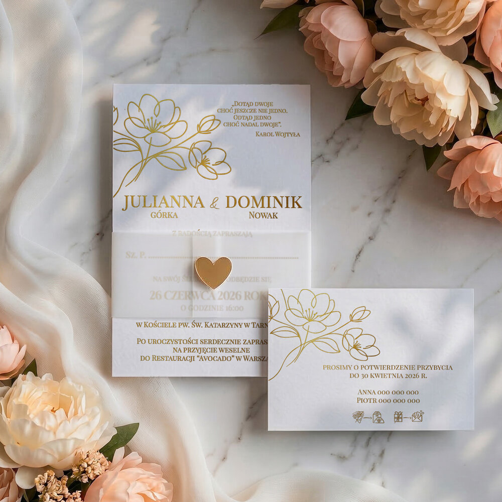 Zaproszenia ślubne złocone z opaską z kalki - Elodie