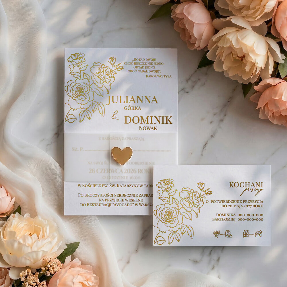 Zaproszenia ślubne złocone z opaską z kalki - Elodie