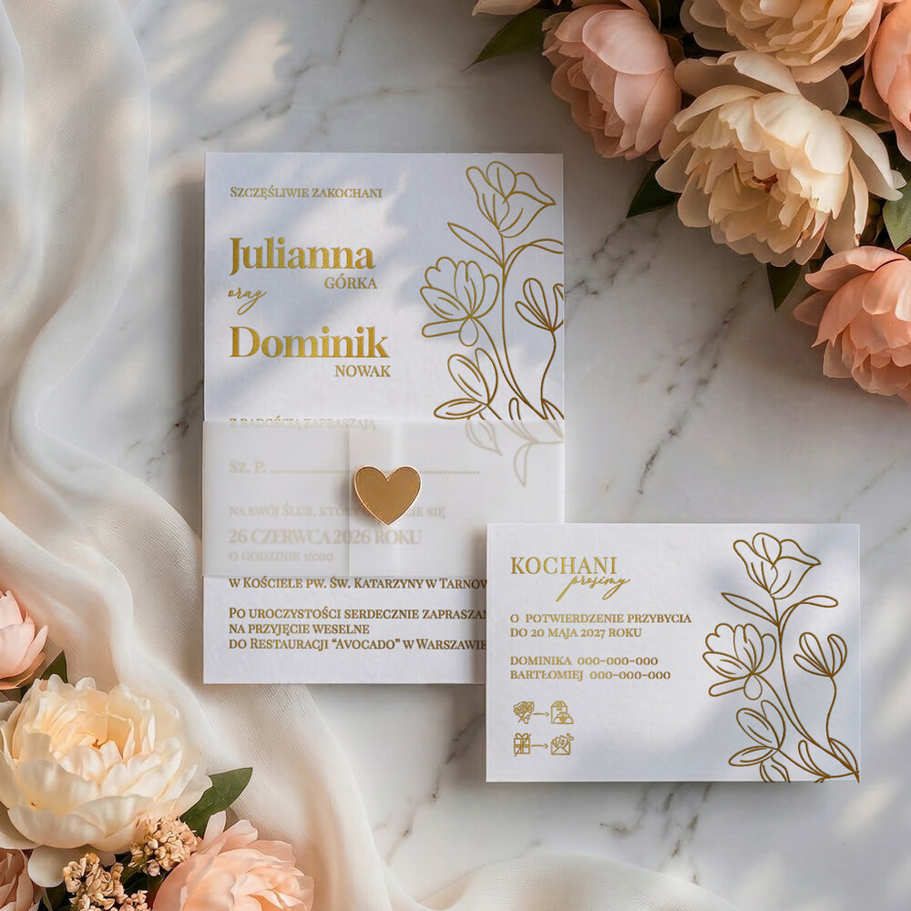 Zaproszenia ślubne złocone z opaską z kalki - Elodie