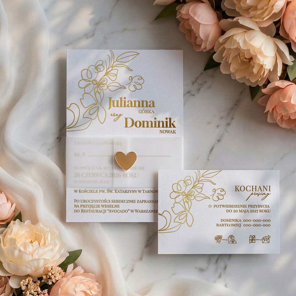 Zaproszenia ślubne złocone z opaską z kalki - Elodie