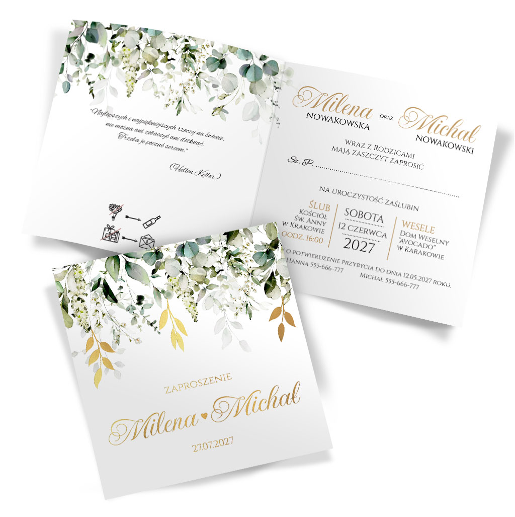 Złocone  zaproszenia ślubne Elza1