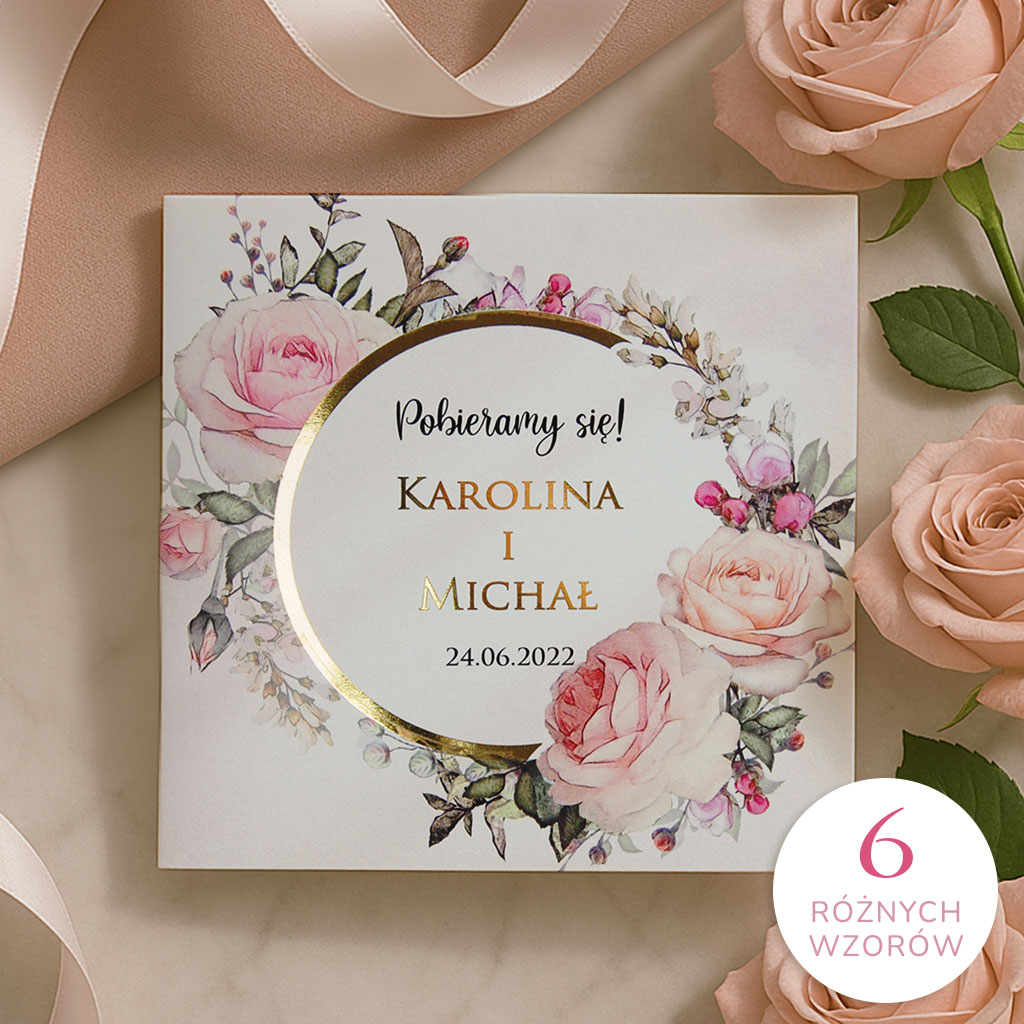 Złocone zaproszenia ślubne Peonia