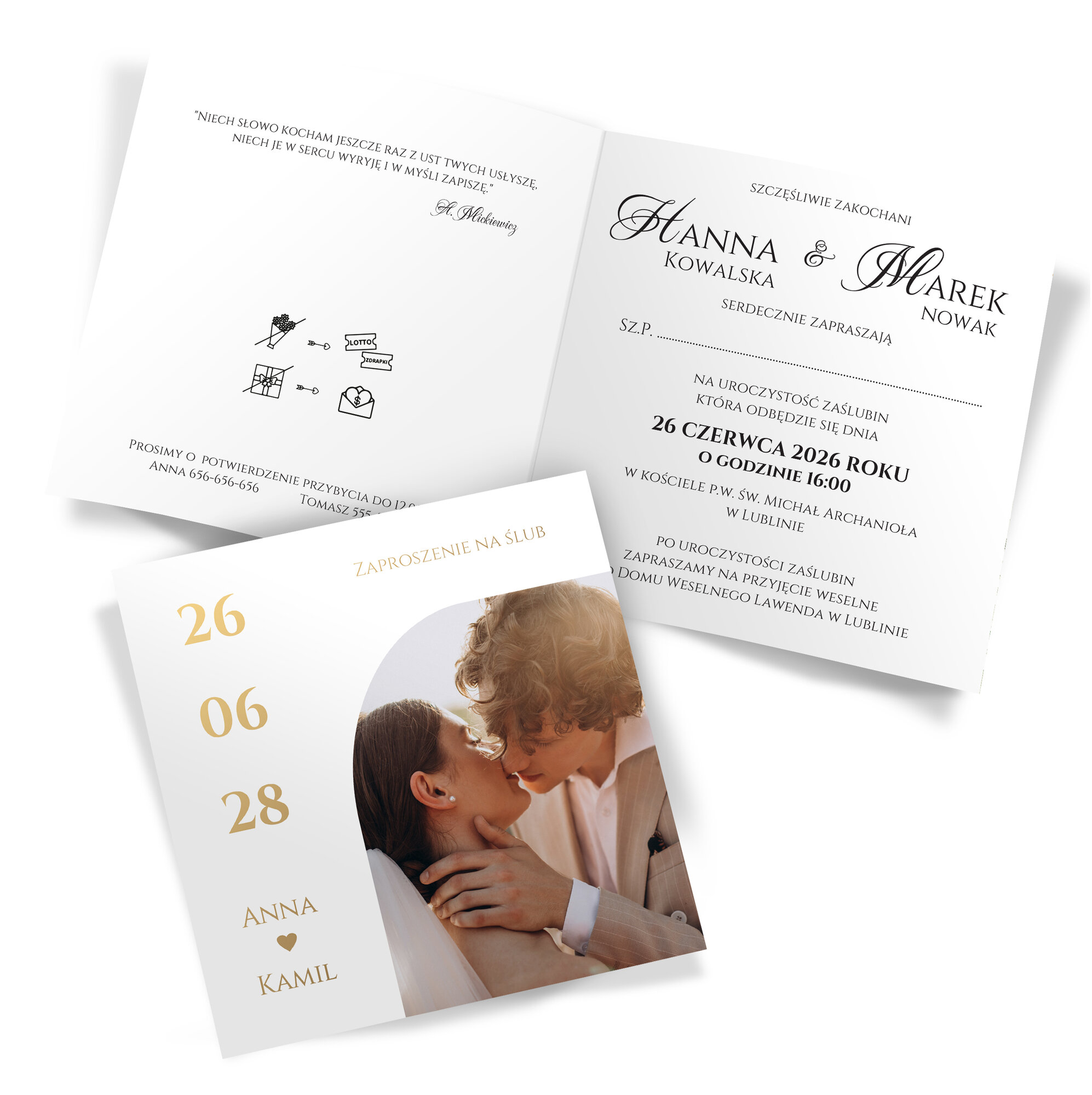 Złocone zaproszenia ślubne ze zdjęciem Nadia