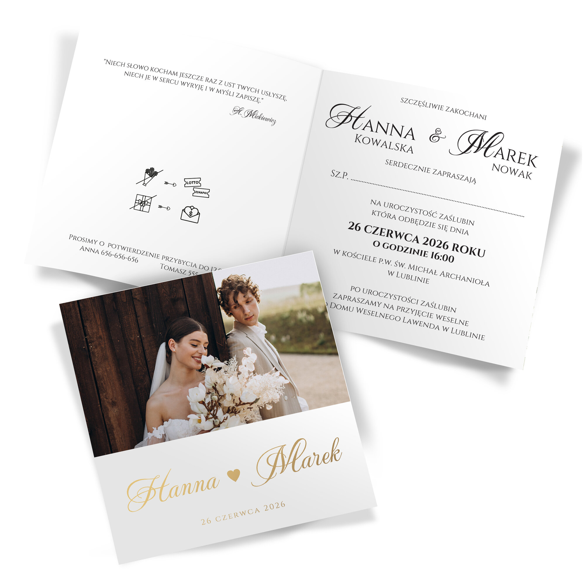 Złocone zaproszenia ślubne ze zdjęciem Nadia