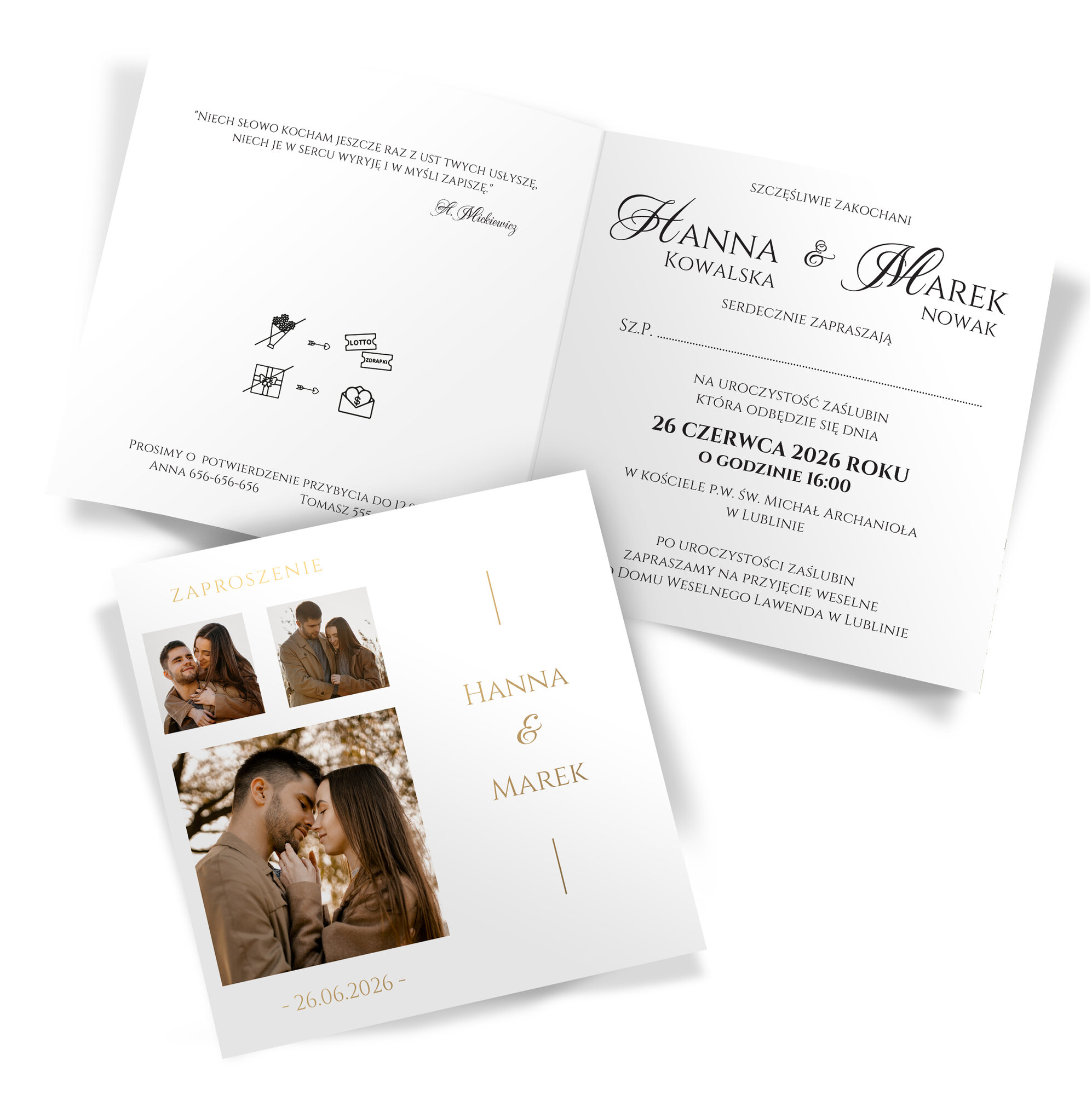 Złocone zaproszenia ślubne ze zdjęciem Nadia